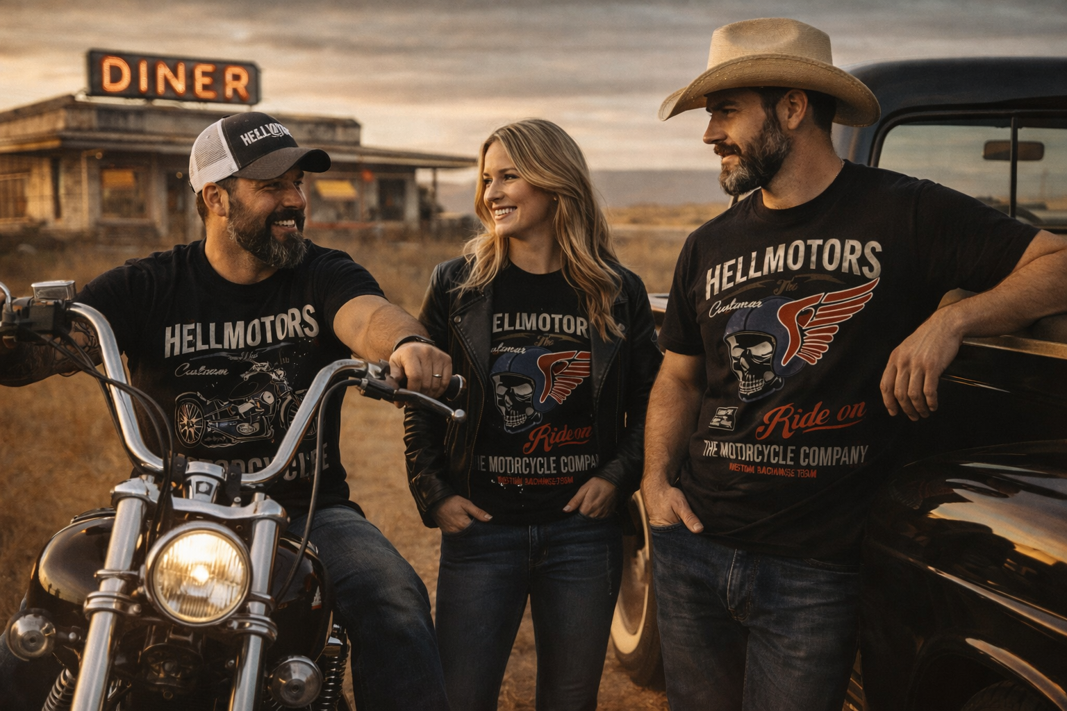 Hellmotors T-Shirts im Vintage Motorrad Design getragen von Männern und Frau neben Motorrad und Pickup – Biker Lifestyle Kleidung für Herren und Damen